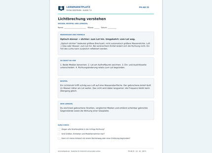 Lichtbrechung verstehen - kostenloses Arbeitsblatt mit Lösungen als PDF