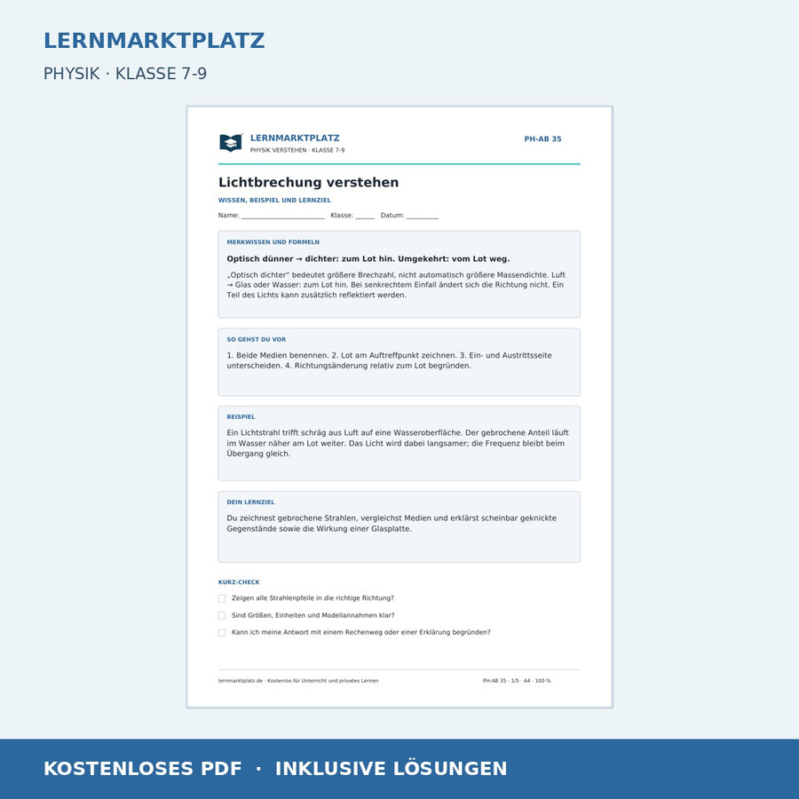 Lichtbrechung verstehen - kostenloses Arbeitsblatt mit Lösungen als PDF