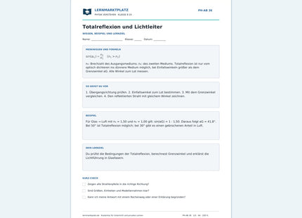 Totalreflexion und Lichtleiter - kostenloses Arbeitsblatt mit Lösungen als PDF