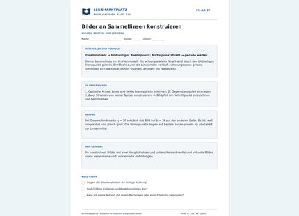 Bilder an Sammellinsen konstruieren - kostenloses Arbeitsblatt mit Lösungen als PDF