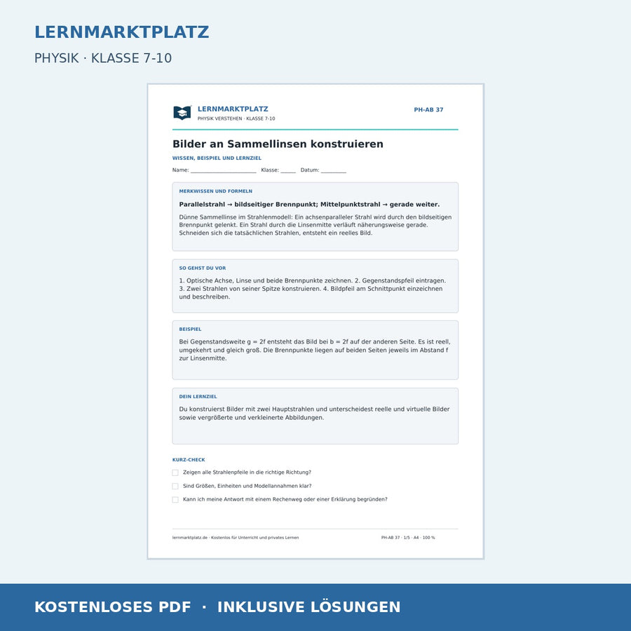 Bilder an Sammellinsen konstruieren - kostenloses Arbeitsblatt mit Lösungen als PDF