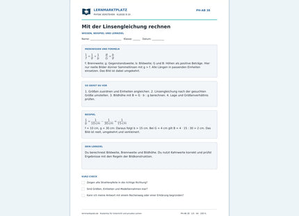 Mit der Linsengleichung rechnen - kostenloses Arbeitsblatt mit Lösungen als PDF