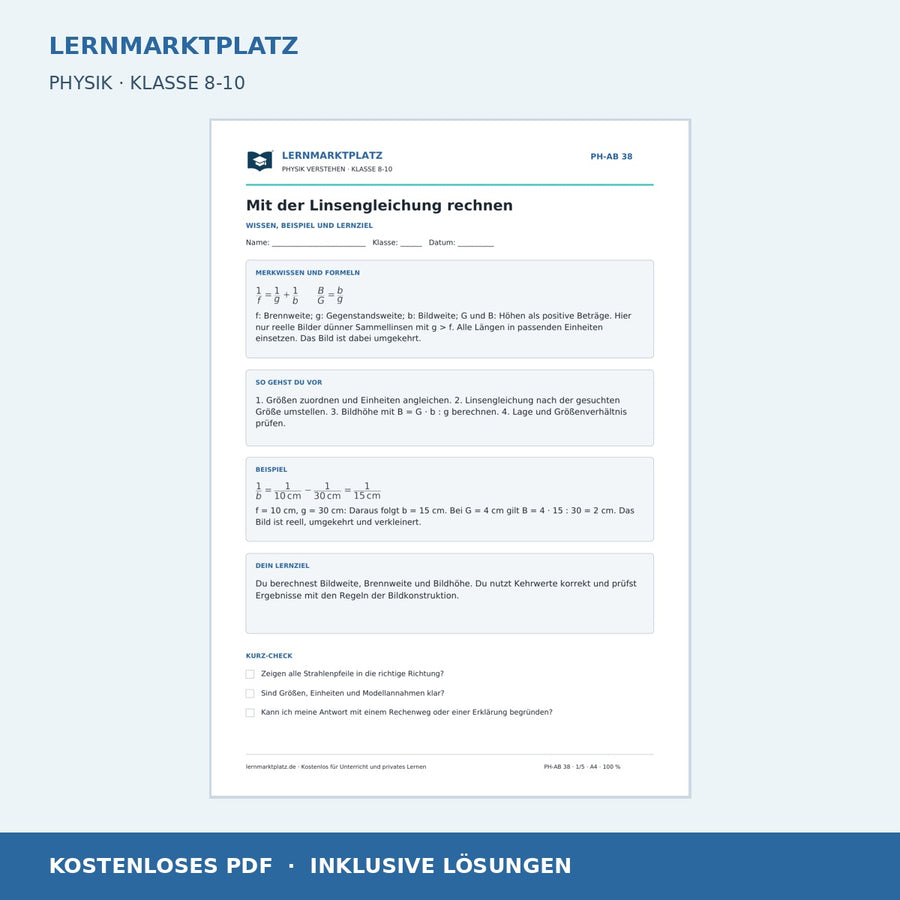 Mit der Linsengleichung rechnen - kostenloses Arbeitsblatt mit Lösungen als PDF