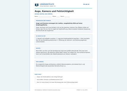 Auge, Kamera und Fehlsichtigkeit - kostenloses Arbeitsblatt mit Lösungen als PDF