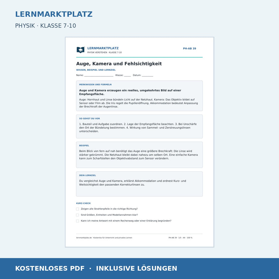 Auge, Kamera und Fehlsichtigkeit - kostenloses Arbeitsblatt mit Lösungen als PDF