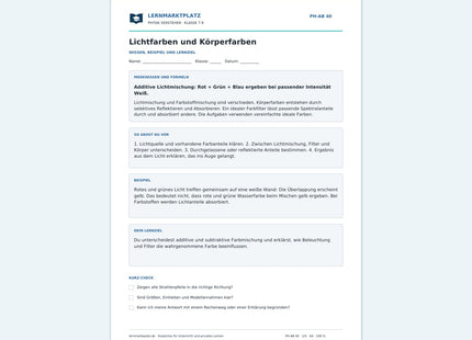Lichtfarben und Körperfarben - kostenloses Arbeitsblatt mit Lösungen als PDF