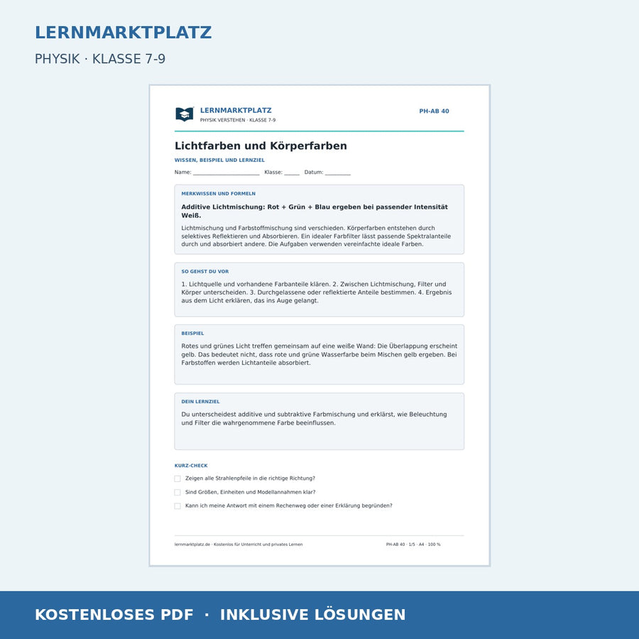 Lichtfarben und Körperfarben - kostenloses Arbeitsblatt mit Lösungen als PDF