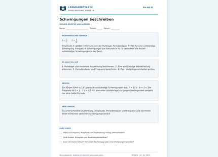 Schwingungen beschreiben - kostenloses Arbeitsblatt mit Lösungen als PDF