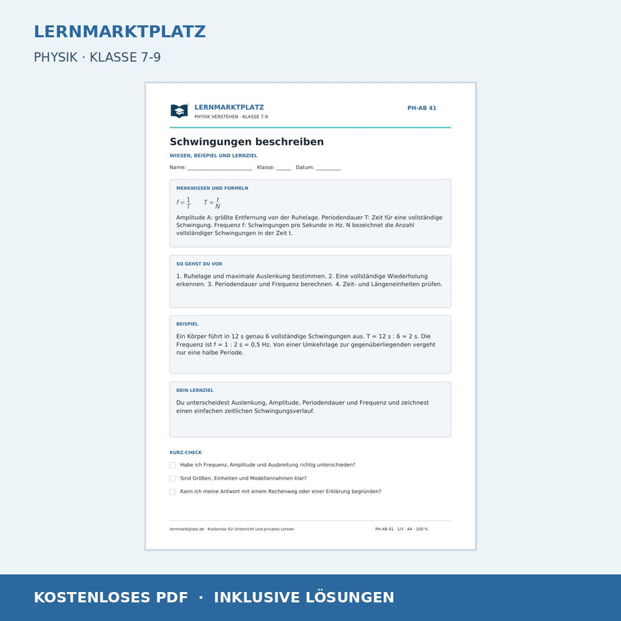 Schwingungen beschreiben - kostenloses Arbeitsblatt mit Lösungen als PDF