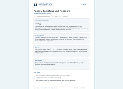 Pendel, Dämpfung und Resonanz - kostenloses Arbeitsblatt mit Lösungen als PDF