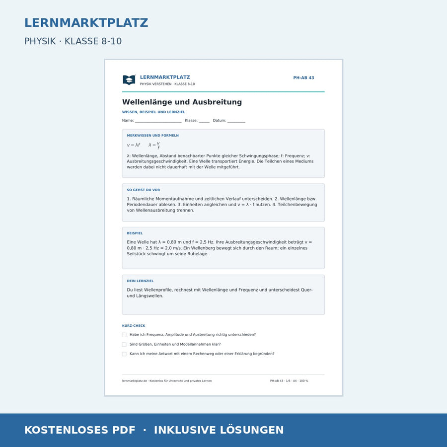 Wellenlänge und Ausbreitung - kostenloses Arbeitsblatt mit Lösungen als PDF