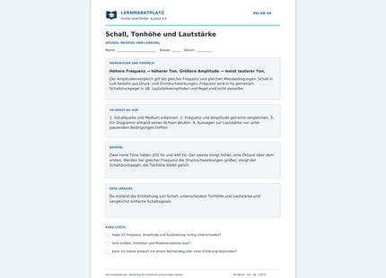 Schall, Tonhöhe und Lautstärke - kostenloses Arbeitsblatt mit Lösungen als PDF