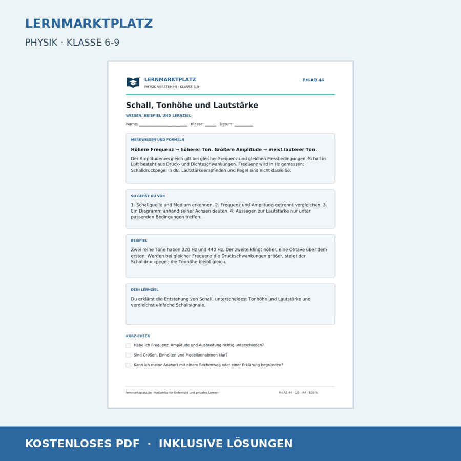 Schall, Tonhöhe und Lautstärke - kostenloses Arbeitsblatt mit Lösungen als PDF
