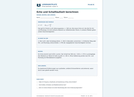 Echo und Schalllaufzeit berechnen - kostenloses Arbeitsblatt mit Lösungen als PDF