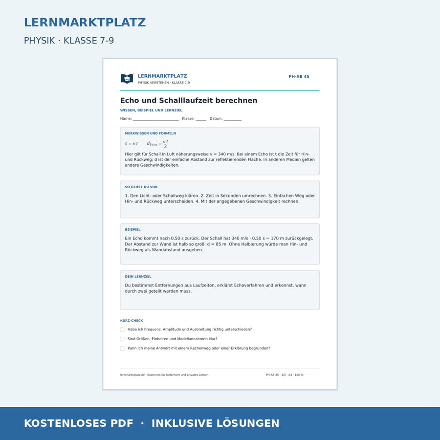 Echo und Schalllaufzeit berechnen - kostenloses Arbeitsblatt mit Lösungen als PDF