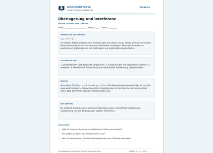 Überlagerung und Interferenz - kostenloses Arbeitsblatt mit Lösungen als PDF