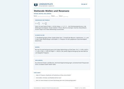 Stehende Wellen und Resonanz - kostenloses Arbeitsblatt mit Lösungen als PDF