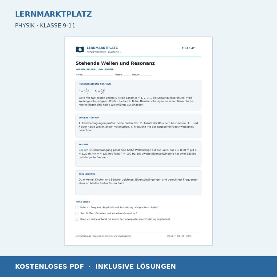 Stehende Wellen und Resonanz - kostenloses Arbeitsblatt mit Lösungen als PDF