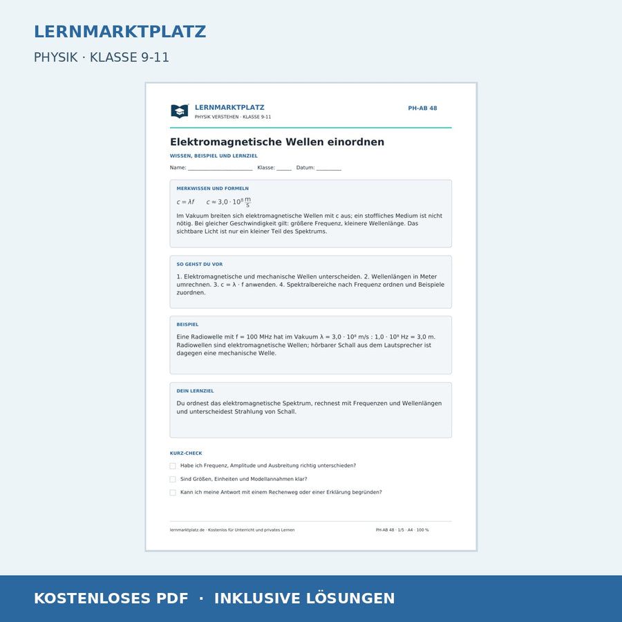 Elektromagnetische Wellen einordnen - kostenloses Arbeitsblatt mit Lösungen als PDF