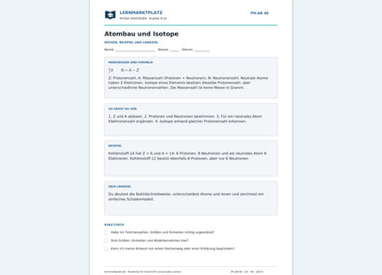 Atombau und Isotope - kostenloses Arbeitsblatt mit Lösungen als PDF