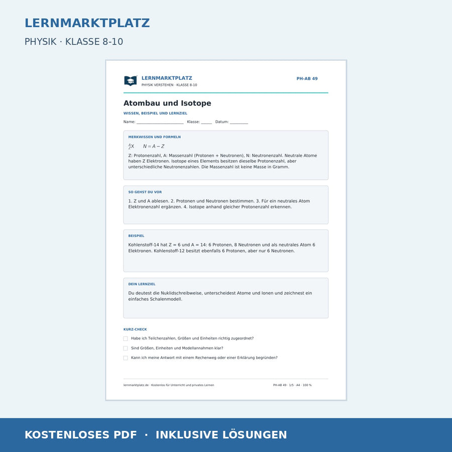 Atombau und Isotope - kostenloses Arbeitsblatt mit Lösungen als PDF