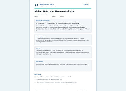 Alpha-, Beta- und Gammastrahlung - kostenloses Arbeitsblatt mit Lösungen als PDF