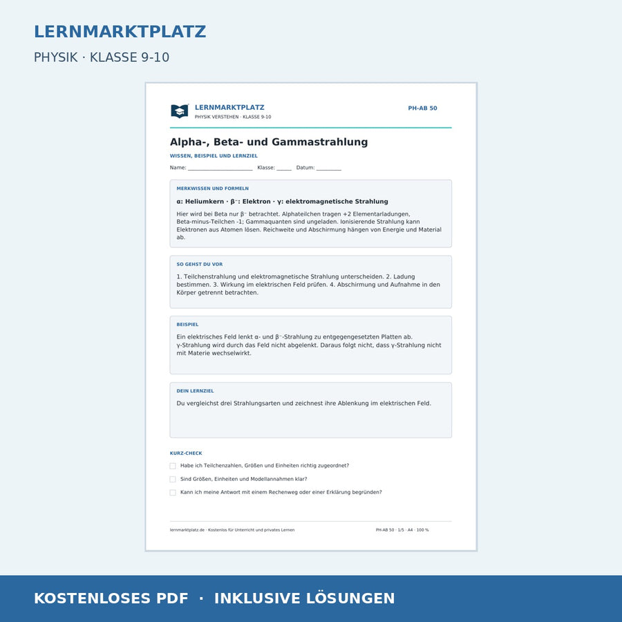 Alpha-, Beta- und Gammastrahlung - kostenloses Arbeitsblatt mit Lösungen als PDF