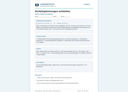 Zerfallsgleichungen aufstellen - kostenloses Arbeitsblatt mit Lösungen als PDF