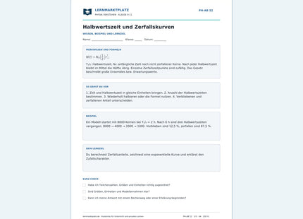 Halbwertszeit und Zerfallskurven - kostenloses Arbeitsblatt mit Lösungen als PDF