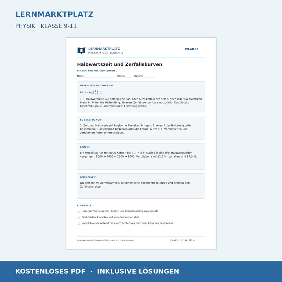 Halbwertszeit und Zerfallskurven - kostenloses Arbeitsblatt mit Lösungen als PDF
