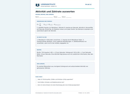 Aktivität und Zählrate auswerten - kostenloses Arbeitsblatt mit Lösungen als PDF