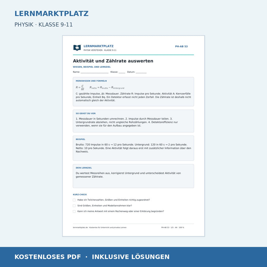 Aktivität und Zählrate auswerten - kostenloses Arbeitsblatt mit Lösungen als PDF