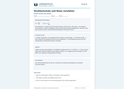 Strahlenschutz und Dosis verstehen - kostenloses Arbeitsblatt mit Lösungen als PDF