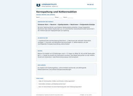 Kernspaltung und Kettenreaktion - kostenloses Arbeitsblatt mit Lösungen als PDF