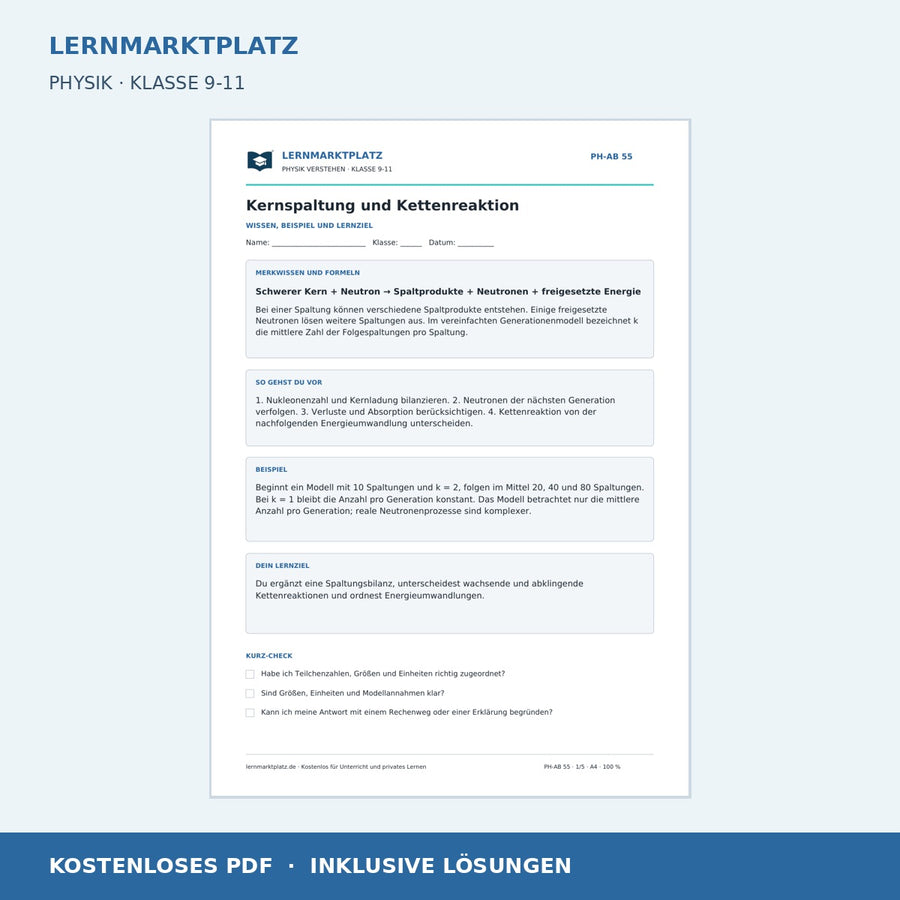 Kernspaltung und Kettenreaktion - kostenloses Arbeitsblatt mit Lösungen als PDF