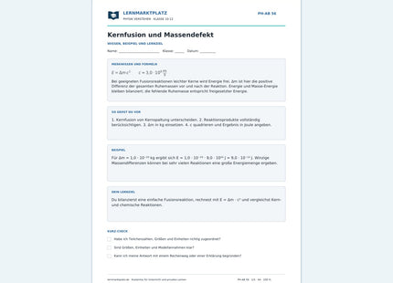 Kernfusion und Massendefekt - kostenloses Arbeitsblatt mit Lösungen als PDF