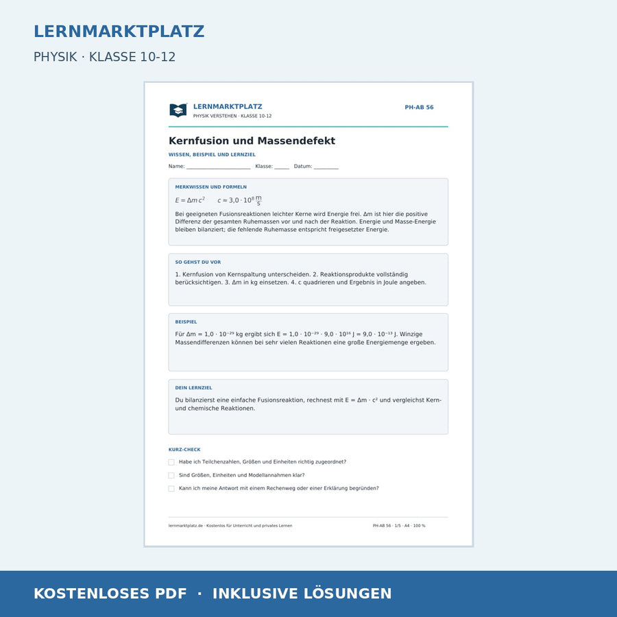 Kernfusion und Massendefekt - kostenloses Arbeitsblatt mit Lösungen als PDF