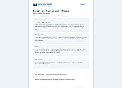 Elektrische Ladung und Influenz - kostenloses Arbeitsblatt mit Lösungen als PDF