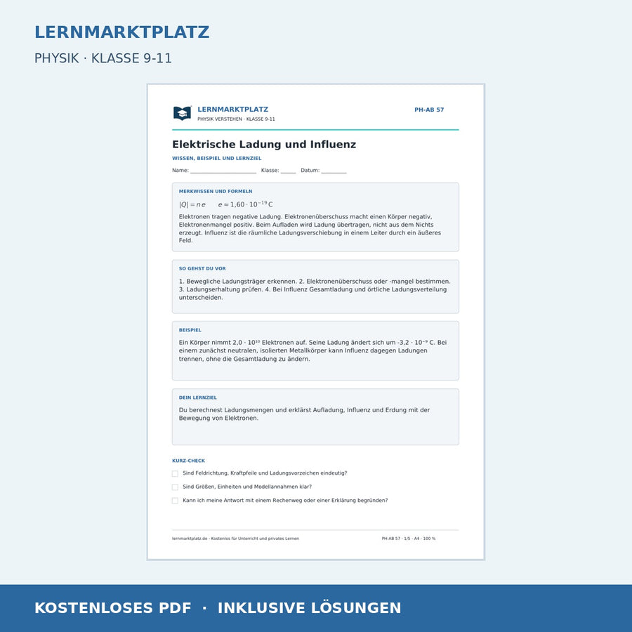 Elektrische Ladung und Influenz - kostenloses Arbeitsblatt mit Lösungen als PDF