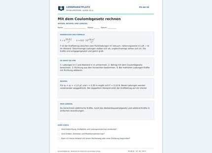 Mit dem Coulombgesetz rechnen - kostenloses Arbeitsblatt mit Lösungen als PDF