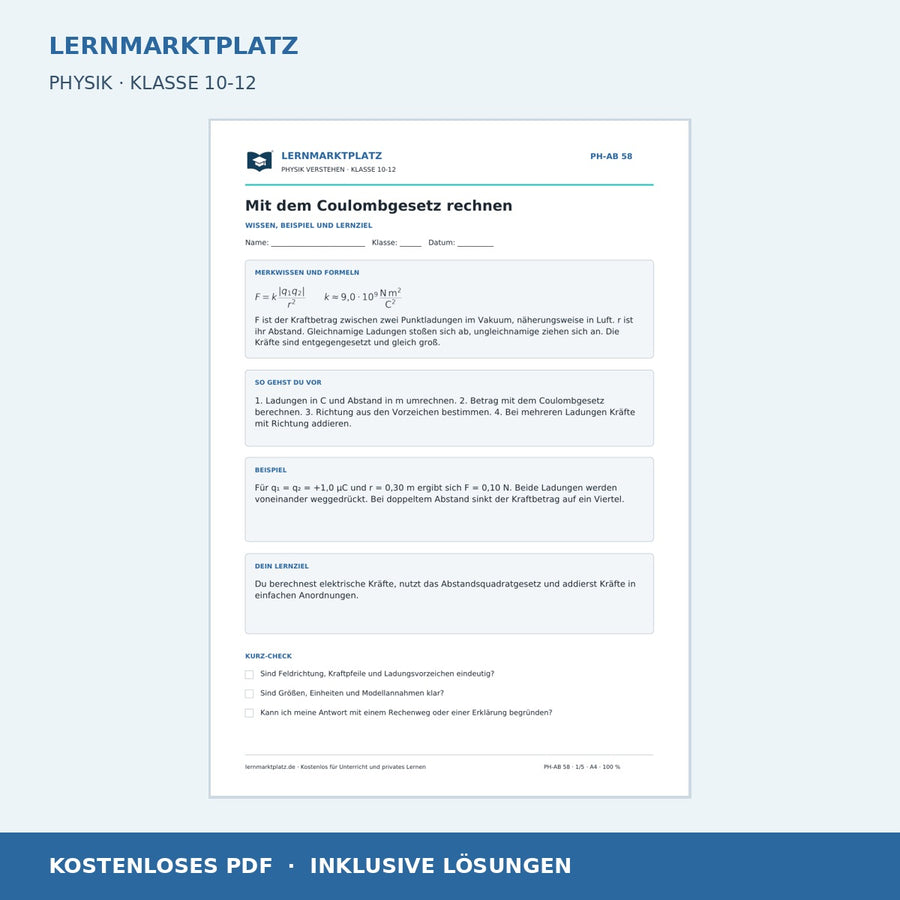 Mit dem Coulombgesetz rechnen - kostenloses Arbeitsblatt mit Lösungen als PDF
