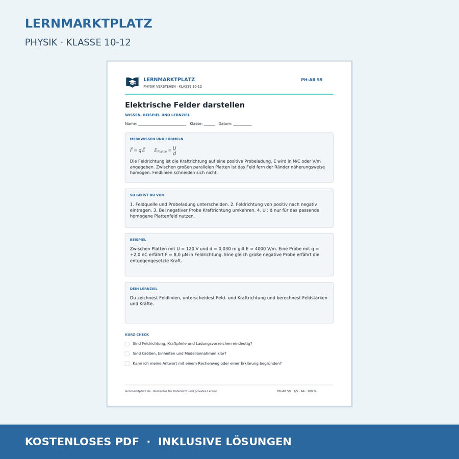 Elektrische Felder darstellen - kostenloses Arbeitsblatt mit Lösungen als PDF
