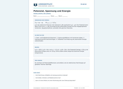 Potenzial, Spannung und Energie - kostenloses Arbeitsblatt mit Lösungen als PDF