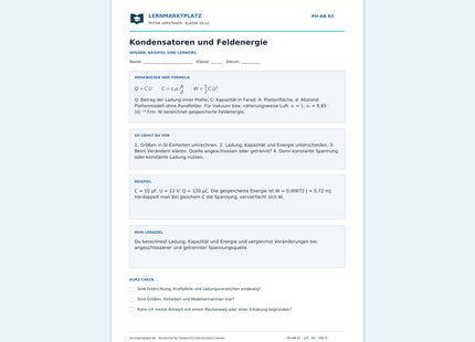 Kondensatoren und Feldenergie - kostenloses Arbeitsblatt mit Lösungen als PDF