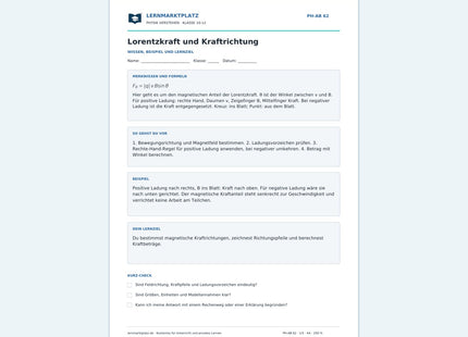 Lorentzkraft und Kraftrichtung - kostenloses Arbeitsblatt mit Lösungen als PDF