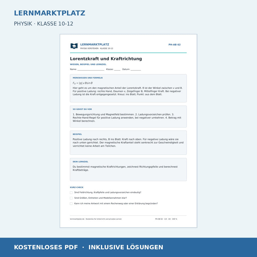Lorentzkraft und Kraftrichtung - kostenloses Arbeitsblatt mit Lösungen als PDF