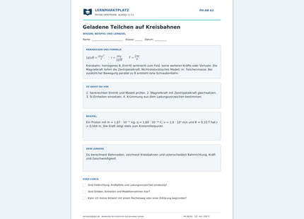 Geladene Teilchen auf Kreisbahnen - kostenloses Arbeitsblatt mit Lösungen als PDF