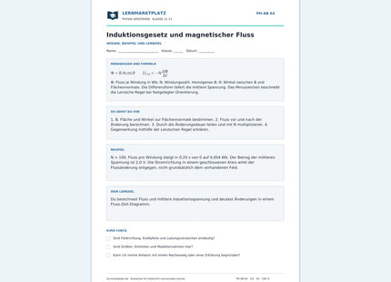 Induktionsgesetz und magnetischer Fluss - kostenloses Arbeitsblatt mit Lösungen als PDF
