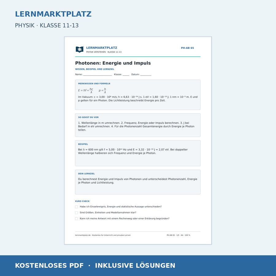 Photonen: Energie und Impuls - kostenloses Arbeitsblatt mit Lösungen als PDF