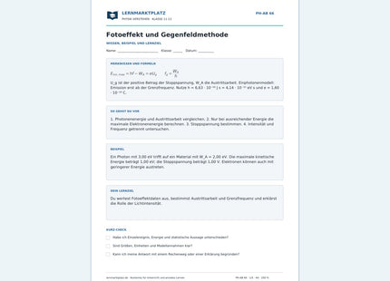 Fotoeffekt und Gegenfeldmethode - kostenloses Arbeitsblatt mit Lösungen als PDF
